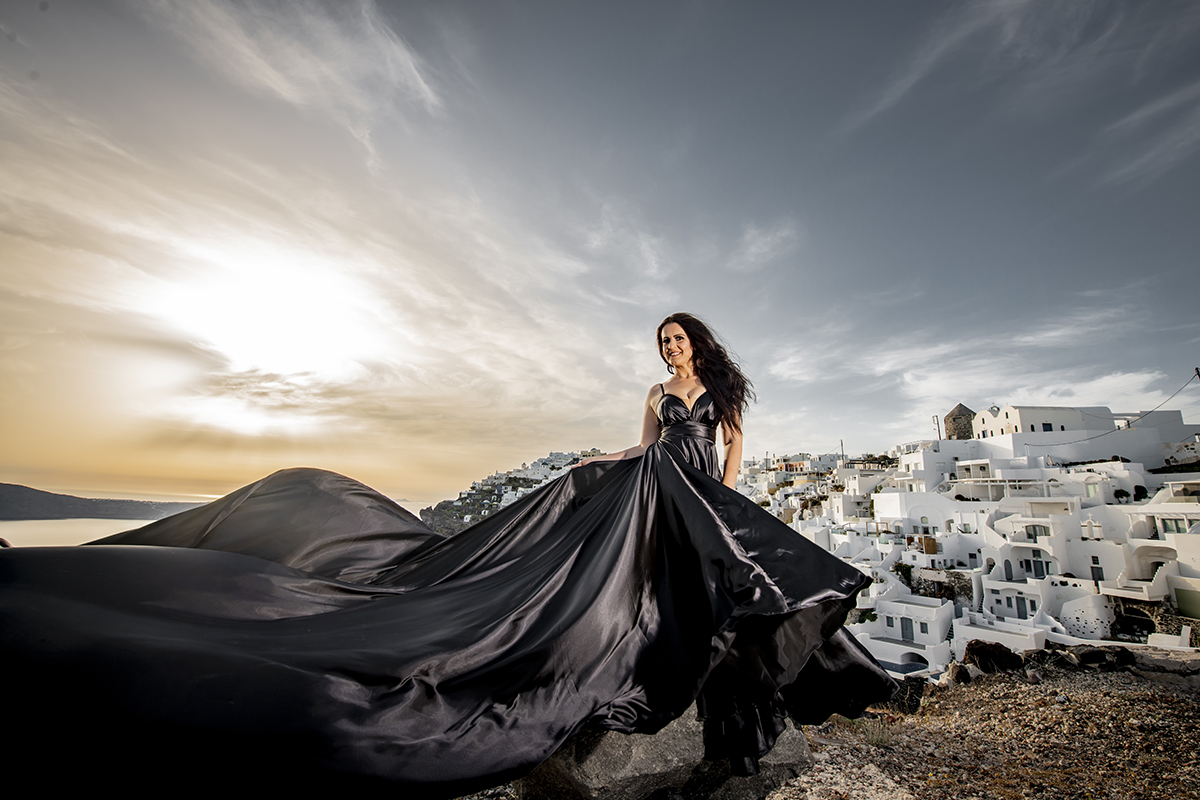 Santorini flying dress photoshoot